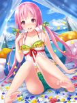  1girl :d ahoge bare_legs barefoot blush bow casual flower hair_bow hair_ribbon ilog legs long_hair low-tied_long_hair navel occhan_(artist) official_art open_mouth petals pillow pink_eyes pink_hair ribbon short_hair sitting smile tagme twintails 