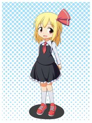  1girl ascot blonde_hair cato_(monocatienus) cross-laced_footwear hair_ribbon halftone halftone_background highres kneehighs looking_at_viewer open_mouth red_eyes ribbon rumia shirt short_hair skirt skirt_set smile solo touhou vest white_legwear 