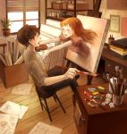  artist brown_hair canvas canvas_(object) closed_eyes easel eyes_closed face hands incipient_hug incoming_hug long_hair mikihisa415 open_mouth orange_hair original outstretched_arms paint paintbrush palette short_hair sitting sprout stool surreal through_screen window 