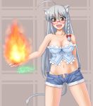  bespectacled bow braid breasts bustier cat_ears cat_tail cleavage dog_days fire glasses hair_bow leonmitchelli_galette_des_rois lingerie long_hair open_fly open_mouth petag2 shiny shiny_skin short_shorts shorts silver_hair solo tail underwear unzipped yellow_eyes 