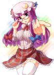  adjusting_glasses alternate_costume bespectacled blush bow crescent foreshortening garter_straps glasses hair_bow hat highres impossible_clothes impossible_clothing impossible_shirt long_hair looking_at_viewer necktie open_mouth outstretched_hand panties patchouli_knowledge plaid plaid_skirt purple_eyes purple_hair shirt skirt smile solo teruteru-deru thigh-highs thighhighs touhou underwear violet_eyes white_legwear white_panties zettai_ryouiki 