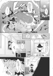  comic flying full_moon hat highres kirisame_marisa monochrome moon morino_hon night surprised touhou translated translation_request window witch witch_hat 