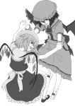  ascot bat_wings dress flandre_scarlet hat highres jewelry monochrome multiple_girls open_mouth remilia_scarlet ribbon shichimenchou short_hair siblings simple_background sisters touhou wings 