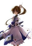  backlighting brown_eyes brown_hair gloves hair_ribbon highres lyrical_nanoha mahou_senki_lyrical_nanoha_force mahou_shoujo_lyrical_nanoha ponytail ribbon side_ponytail simple_background skirt solo strike_cannon sunyukun takamachi_nanoha 