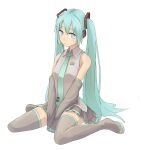  aqua_eyes aqua_hair bad_id boots detached_sleeves hatsune_miku long_hair marshmallow_(victima013) necktie simple_background sitting skirt sleeves_past_wrists solo thigh-highs thigh_boots thighhighs twintails very_long_hair vocaloid wariza zettai_ryouiki 