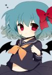  bad_id bat_wings blue_hair blush bow bust child hair_bow haru_(kyou) heart heather_mason midriff navel red_eyes remilia_scarlet school_uniform serafuku short_hair skirt solo touhou wings 