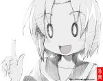  a_channel gofu momoki_run monochrome o_o open_mouth pointing pointing_to_the_sky pointing_up run_(a_channel) school_uniform serafuku short_hair sketch smile solo traditional_media 