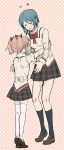  blue_hair blush heart height_difference highres kaname_madoka mahou_shoujo_madoka_magica miki_sayaka multiple_girls open_mouth pink_hair plaid plaid_skirt school_uniform short_hair short_twintails size_difference skirt smile tartan thighhighs torinone twintails 