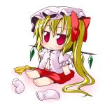  bare_legs barefoot blonde_hair blush bow chibi flandre_scarlet footwear hair_bow hat ichimi midriff navel open_clothes open_shirt red_eyes ribbon shirt side_ponytail sitting skirt sock_pull socks solo the_embodiment_of_scarlet_devil touhou wavy_mouth wings 