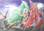  asymmetrical_wings blood breasts chicago-x cross feathers green_wings heterochromia highres mecha_musume original red_wings sword torn_clothes weapon wings 