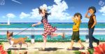  2boys aoi_sora_(pairan) bad_id brown_eyes brown_hair cloud condensation_trail contrail dog dress flower guard_rail hand_on_hat hat hibiscus leash lighthouse multiple_boys ocean original pairan running sandals sky teeth 