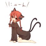  all_fours animal_ears barefoot bow braid canaca cat_ears cat_pose cat_tail dress extra_ears fang hair_bow kaenbyou_rin kneeling multiple_tails open_mouth paw_pose red_eyes red_hair redhead solo tail touhou twin_braids twintails 