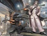  1girl 2boys aircraft cityscape cyberpunk dead_drive glasses hangar highres multiple_boys shirou_masamune sunglasses 