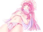  1girl ballpoint_pen_(medium) bikini blush breasts from_below hat large_breasts long_hair mielang navel patchouli_knowledge pink_bikini pink_eyes pink_hair simple_background solo striped striped_bikini striped_swimsuit swimsuit touhou traditional_media very_long_hair white_background 