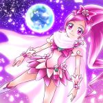  1girl absurdres boots bow cure_blossom dutch_angle hair_bow hanasaki_tsubomi heartcatch_precure! highres long_hair magical_girl petals pink pink_eyes pink_hair planet ponytail precure purple_background ribbon rintarou_hayashi scarf skirt smile solo wrist_cuffs 