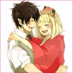  1girl ao_no_exorcist bad_id black_hair blonde_hair blue_hair blush closed_eyes couple eyes_closed flower hair_ornament happy hug japanese_clothes kikirara177 kimono moriyama_shiemi necktie okumura_rin pointy_ears short_hair smile striped striped_necktie 