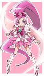 bad_id boots bow cape cure_blossom hair_bow hair_ornament hanasaki_tsubomi heartcatch_precure! knee_boots long_hair long_ponytail magical_girl pink pink_background pink_eyes pink_hair ponytail precure rutarou solo standing very_long_hair 