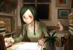  brown_eyes desk face food glasses green_hair hands lamp left-handed mikihisa415 mouse original pencil plant potted_plant scissors solo 