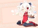  animal_ears black_legwear blush bowl bun_cover china_dress chinese_clothes double_bun dress ear_piercing extra_ears fake_animal_ears food hair_bun hair_rings meatball nikuman no_panties open_mouth original piercing pointy_ears red_dress red_eyes reku shiroko_(reku) silver_hair sitting solo steam thigh-highs thighhighs wariza wink zettai_ryouiki 