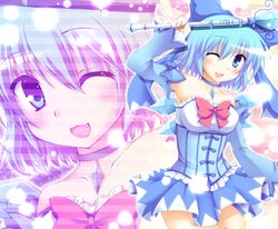  alternate_costume bad_id baton blue_dress blue_eyes blue_hair bow cirno cosplay dress fujisaki_kaon hair_bow kaname_madoka kaname_madoka_(cosplay) magical_girl mahou_shoujo_madoka_magica ribbon short_hair smile solo standing touhou wings 