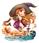  bare_shoulders breasts brown_hair chest chibi detached_sleeves dragon&#039;s_crown dragon's_crown dress fire hat hirai_yukio long_hair red_eyes red_hair side_slit skull solo sorceress_(dragon&#039;s_crown) sorceress_(dragon's_crown) staff strapless_dress sword vanillaware weapon witch_hat 