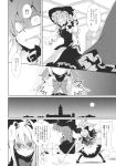  angry comic fang full_moon highres hourai_doll kirisame_marisa monochrome moon morino_hon night patchouli_knowledge ragequit shanghai_doll surprised touhou translated translation_request 