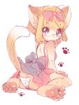  animal_ears blonde_hair blue_eyes bow cat_ears cat_tail dress furry hair_bow hand_on_own_face hand_to_face kemonomimi_mode open-back_dress original panties paws red_dress sitting sleeveless sleeveless_dress solo tail underwear upskirt white_panties 