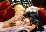  bad_id black_hair hunakosi jewelry judal long_hair lying magi_the_labyrinth_of_magic male on_stomach pillow red_eyes shirtless solo 