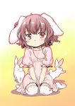  animal_ears blush brown_hair bunny bunny_ears carrot dress fuyutarou inaba_tewi jewelry pendant rabbit red_eyes short_hair simple_background sitting solo thigh-highs thighhighs touhou v_arms wariza white_legwear 