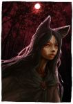  1girl animal_ears brooch brown_hair dress forest imaizumi_kagerou jewelry lips long_hair moon nature nenenoa red_eyes red_moon solo touhou very_long_hair wolf_ears 
