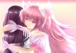  adam19880119 akemi_homura bow dress from_behind gloves goddess_madoka hair_bow hug kaname_madoka long_hair magical_girl mahou_shoujo_madoka_magica multiple_girls pink_eyes pink_hair smile spoilers ultimate_madoka very_long_hair white_gloves 