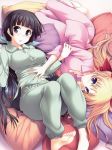  :o absurdres artist_request barefoot black_hair blonde_hair blue_eyes blush christiane_friedrich feet highres kawagishi_keitarou long_hair long_sleeves lying maji_de_watashi_ni_koi_shinasai! mayuzumi_yukie mole multiple_girls on_back on_side pajamas pillow purple_eyes smile 