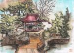  charcoal_(medium) copyright_request highres huge_filesize no_humans shrine traditional_media tree water watercolor_(medium) yuanchosaan 