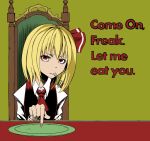  bad_id blonde_hair english face hands mouth_hold plate re_mortal red_eyes rumia solo spoon tetsua_rei the_embodiment_of_scarlet_devil touhou youkai 