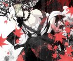  bare_shoulders blonde_hair blue_eyes fox_mask ivan_karelin japanese_clothes leaf male maple_leaf mask muted_color muted_colors paper_crane rosary s_tanly short_hair solo tiger_&amp;_bunny 