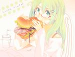  bespectacled cable cd eating food glasses green_eyes green_hair hair_ornament hairclip hatsune_miku sandwich solo souno_kazuki vocaloid 