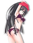  absurdres arms_up ass bikini black_hair disc_cover front-tie_top green_eyes highres kore_wa_zombie_desu_ka? long_hair looking_back muririn photoshop seraphim_(kore_wa_zombie_desu_ka?) side-tie_bikini simple_background swimsuit undressing 