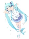  aqua_eyes aqua_hair arms_up bad_id blush boots hair_ornament hatsune_miku headphones long_hair necktie open_mouth rubber_boots skirt solo twintails ume_(plumblossom) very_long_hair vocaloid water wet 