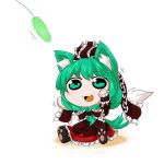  1girl animal_ears aqua_eyes aqua_hair byourou cattail chibi dog_ears dog_tail dress frills front_ponytail hair_ribbon kagiyama_hina kemonomimi_mode long_hair open_mouth paw_shoes plant ribbon smile solo tail touhou wrist_cuffs 