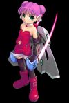  bare_shoulders black_background black_legwear boots choker double_bun energy_sword expressionless gloves green_eyes hair_ribbon hunewearl lightsaber looking_at_viewer mag_(phantasy_star) mecha_musume n3o2 navel phantasy_star phantasy_star_online pink_hair pointy_ears purple_hair ribbon shorts sleeveless solo standing sword thigh-highs thighhighs weapon wings young 