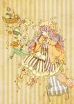  apple candle chair checkerboard_cookie closed_eyes cookie eyes_closed food fruit hat index_finger_raised long_hair multicolored_hair patchouli_knowledge pincushion raised_finger sewing_kit solo star striped striped_background table takanashi_minato teapot touhou yarnball 
