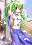 armpits arms_up aruha bad_id blush cherry_blossoms detached_sleeves frog green_hair hair_ornament kochiya_sanae long_hair long_skirt midriff navel petals skirt sky snake solo touhou wind yellow_eyes