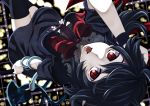  1girl bad_id black_hair dutch_angle from_above houjuu_nue ogino_(oginogino) pale_skin red_eyes snake solo thigh-highs thighhighs tongue tongue_out touhou wings wristband zettai_ryouiki 