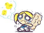  blonde_hair blue_eyes bubbles_(ppg) cartoon_network chick crayon_(medium) crying egg_carton frown mike_(k-k-c) pantyhose powerpuff_girls simple_background solo tears thought_bubble toon twintails wavy_mouth 