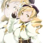  beret blonde_hair breasts corset detached_sleeves drill_hair fingerless_gloves gloves hair_ornament hat large_breasts magical_girl mahou_shoujo_madoka_magica mitchlin solo taut_shirt tomoe_mami zoom_layer 