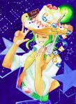  belt birthday_cake cake candle flag food food_as_clothes fruit green_eyes green_hair grin gumi gun hat pistol smile solo star strawberry tanema toy_gun vocaloid weapon wink 