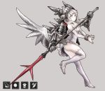  armor bad_id boots bound_wrists cuffs detached_sleeves dress gauntlets grey_eyes helmet lance leg_up manacles original pale_skin polearm simple_background strapless_dress thigh-highs thigh_boots thighhighs weapon white_hair 