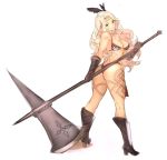  amazon_(dragon&#039;s_crown) amazon_(dragon's_crown) armor ass axe bikini_armor black_eyes blonde_hair boots breasts circlet cleavage dragon&#039;s_crown dragon's_crown feathers gloves huge_weapon long_hair looking_back nishieda simple_background solo tattoo weapon 