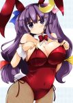  animal_ears breasts bunny_ears bunny_tail bunnysuit cleavage crescent fishnet_pantyhose fishnets long_hair pantyhose patchouli_knowledge purple_eyes purple_hair shirogane shirogane_(platinum) solo tail touhou violet_eyes 