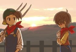  backwards_hat bandana bandanna blush brown_eyes brown_hair cap clouds confession fence gloves hands_together harvest_moon harvest_moon_3 hat lowres male overalls pete_(harvest_moon) pitchfork profile sara_(harvest_moon) short_hair short_sleeves sky sunset suspenders vest 